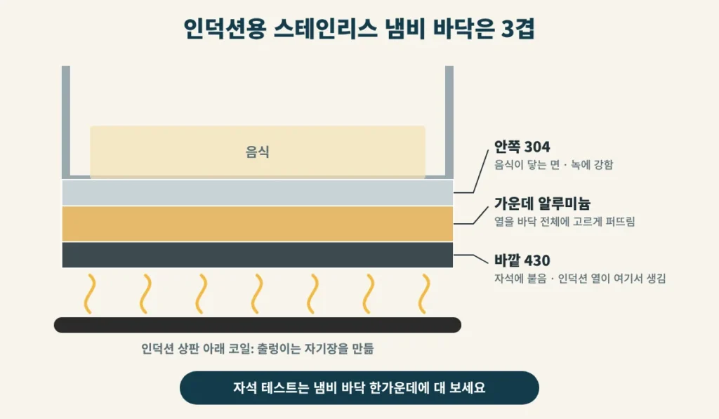 안쪽 304, 가운데 알루미늄, 바깥 430으로 된 인덕션용 냄비 3겹 바닥 단면도