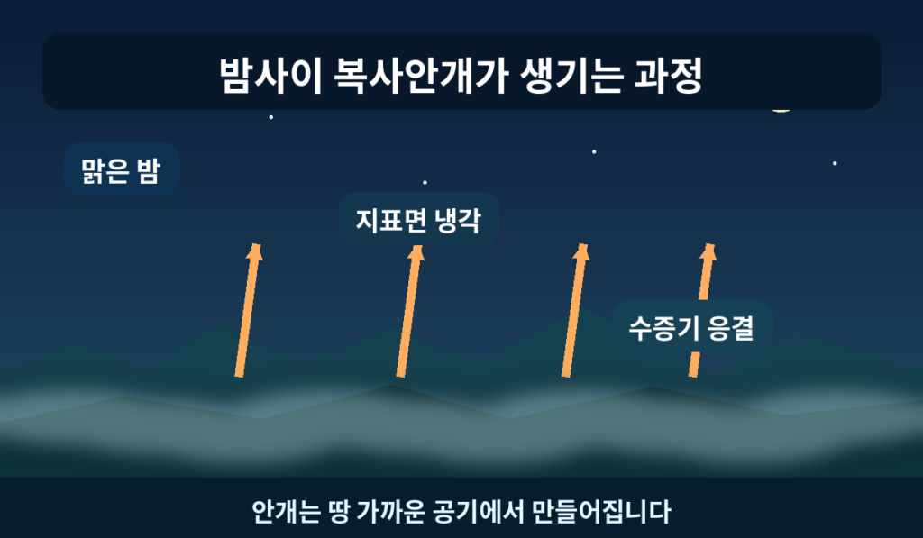 맑은 밤 지면이 열을 내보내며 차가워지고 공기 속 수증기가 응결해 복사안개가 생기는 도식